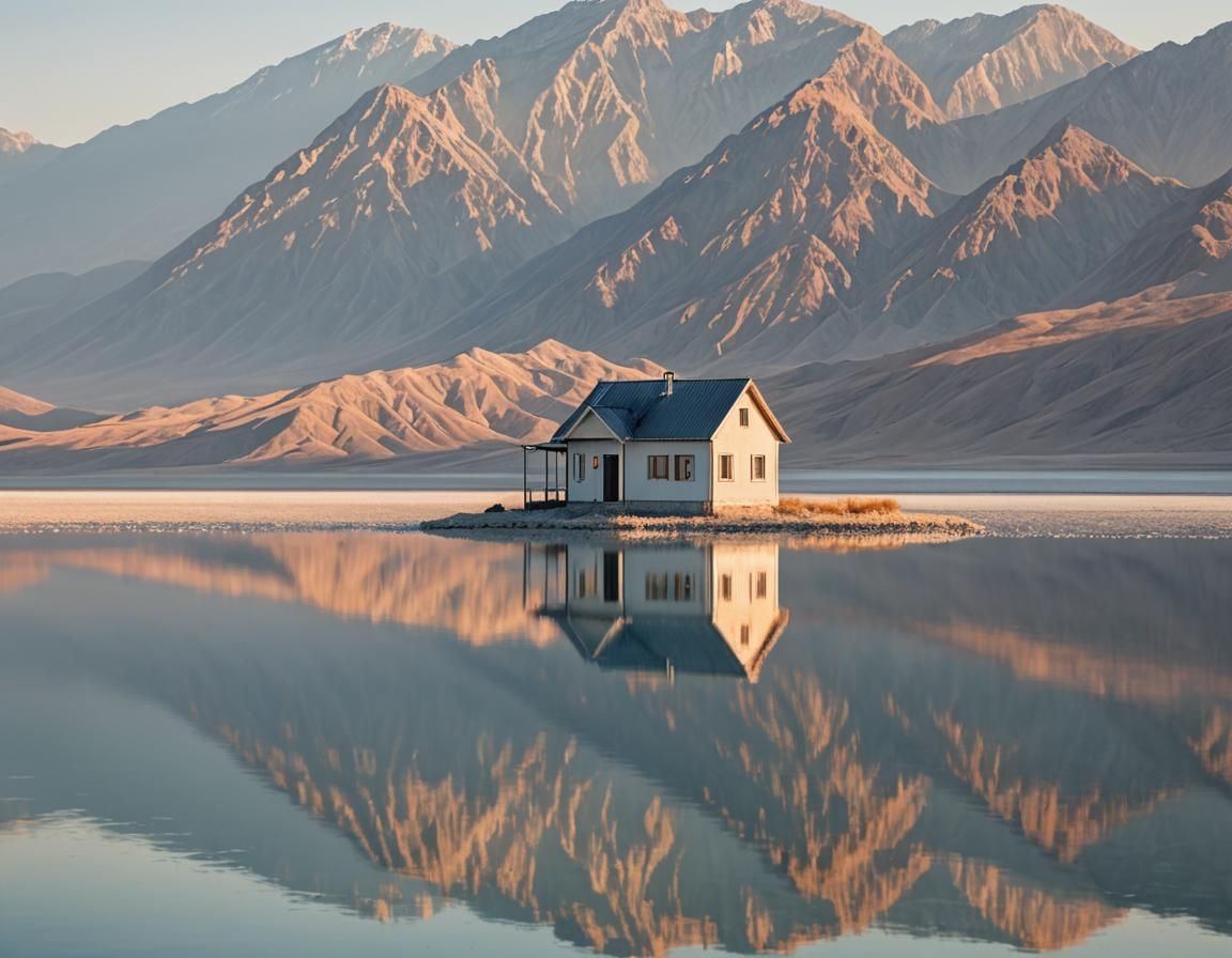 Minimalist House Reflection on Salt Lake at Sunrise