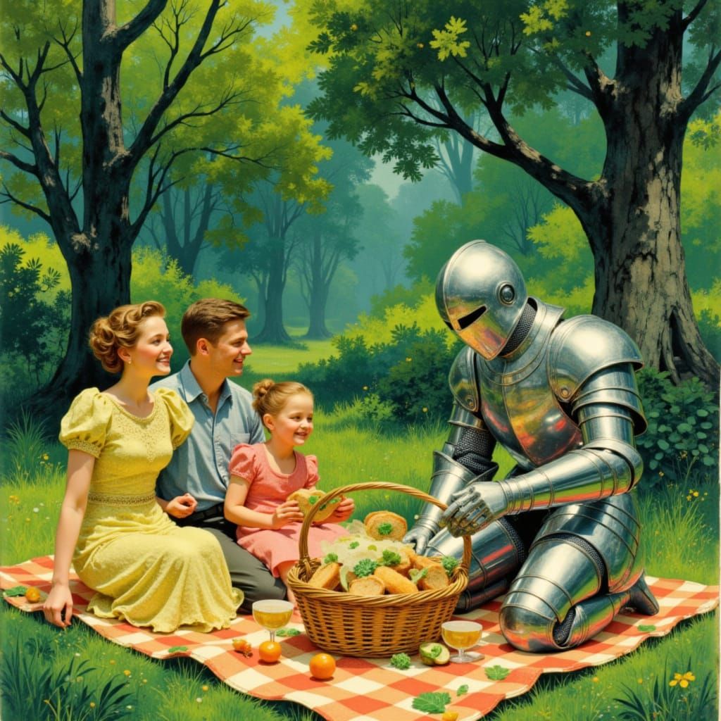 1950s Ad: Family Picnic with Alien Artifacts and Knight