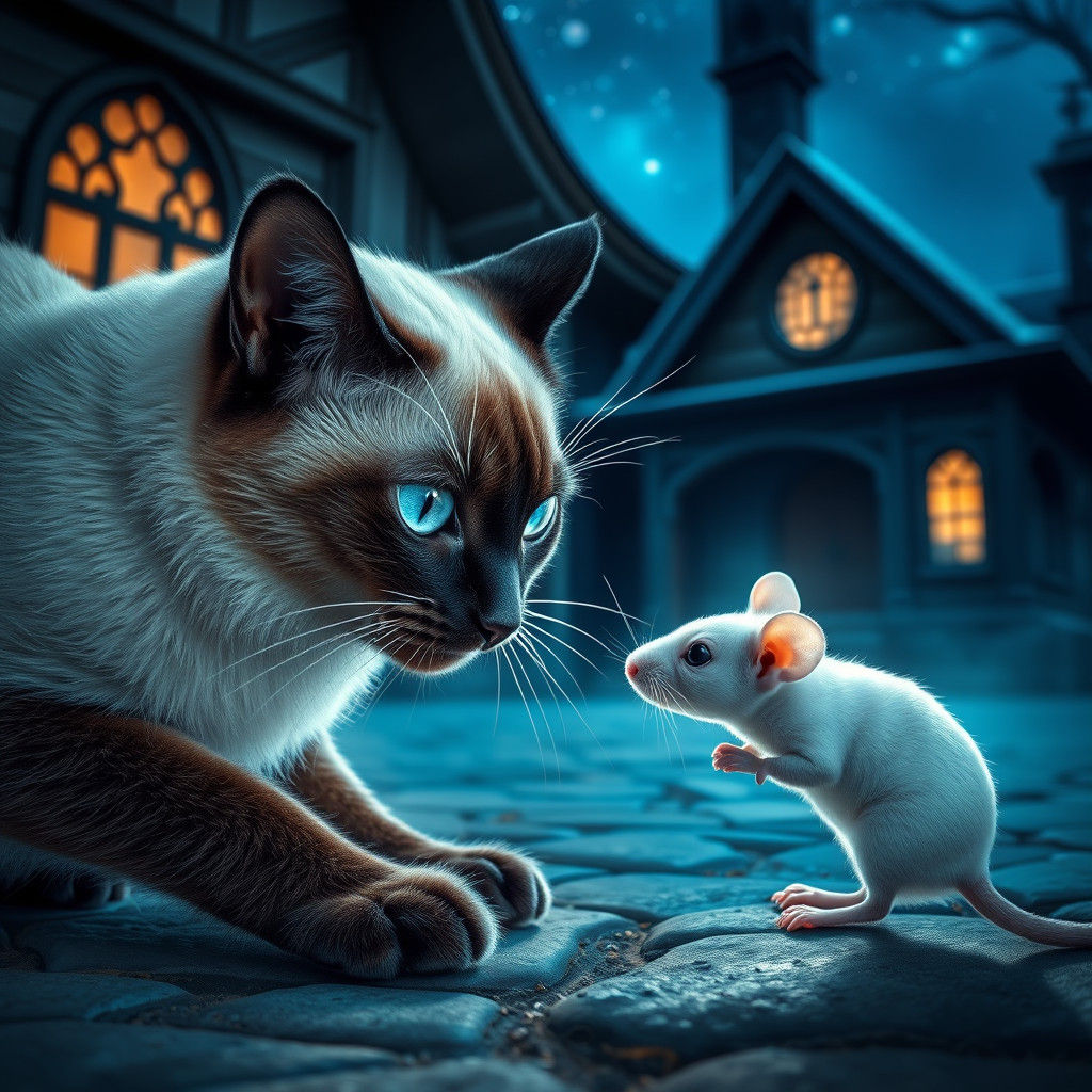 Siamese Cat and Mouse Encounter in Fantasy Art Style