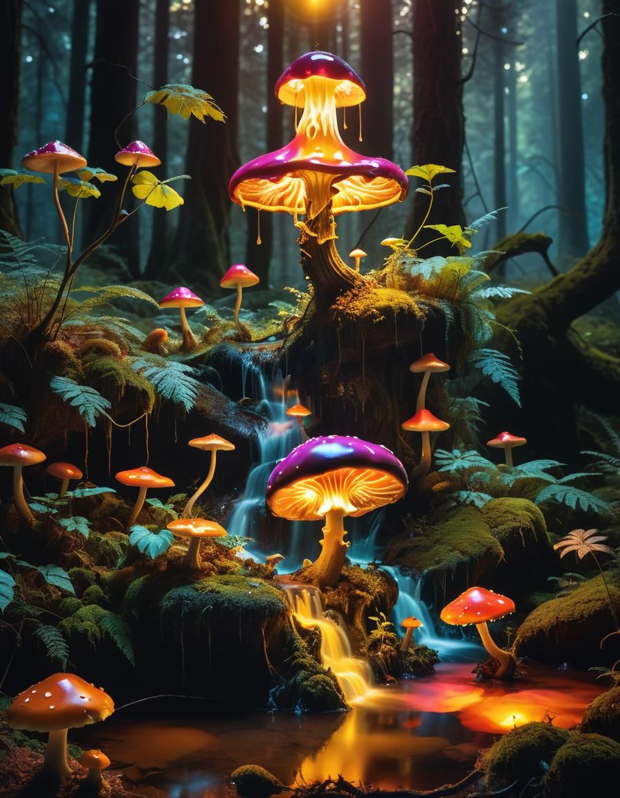 Surrealist Lamp on Melting Mushroom in Dream Forest