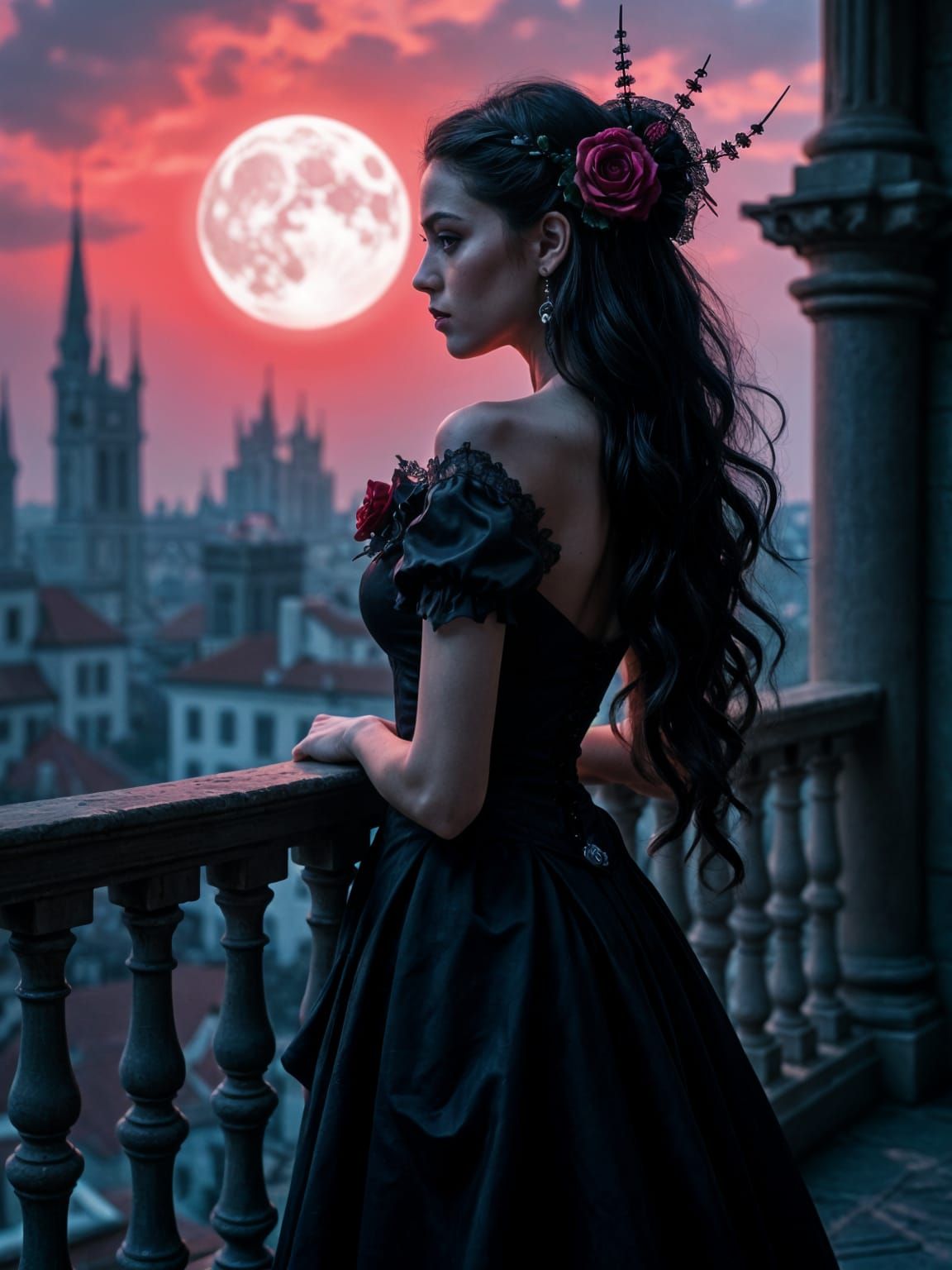 Gothic Dia de los Muertos Woman on Balcony