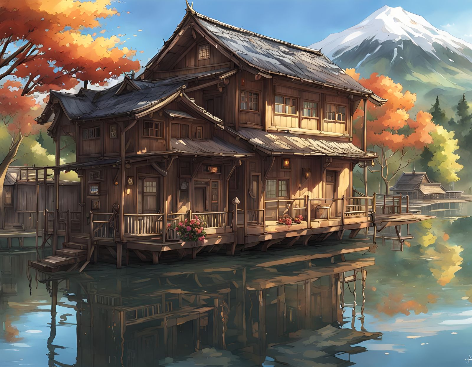 Beautiful Kashmir Houseboat in Anime Art Style