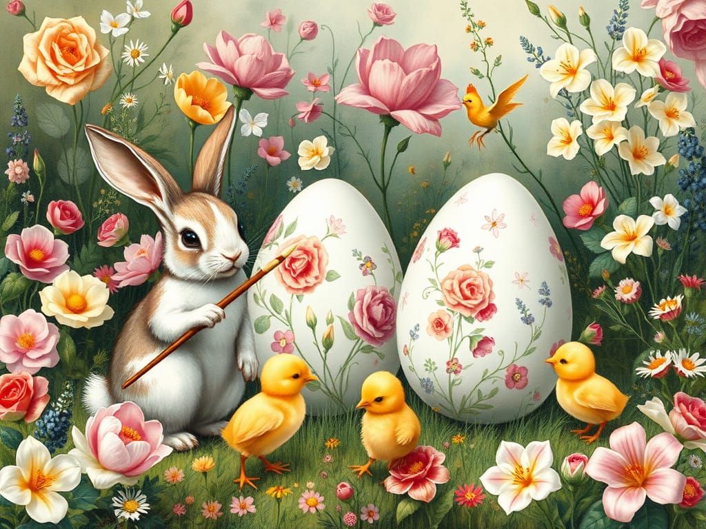 Bunnies and Chicks Painting Easter Eggs in Gouache Style