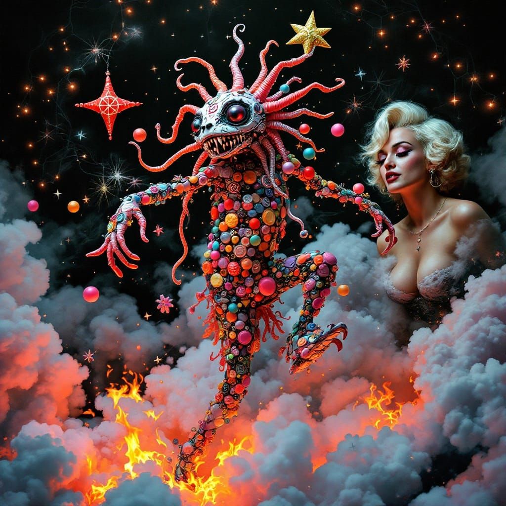 Whimsical Cyberpunk Dance Scene with Mythical Creature