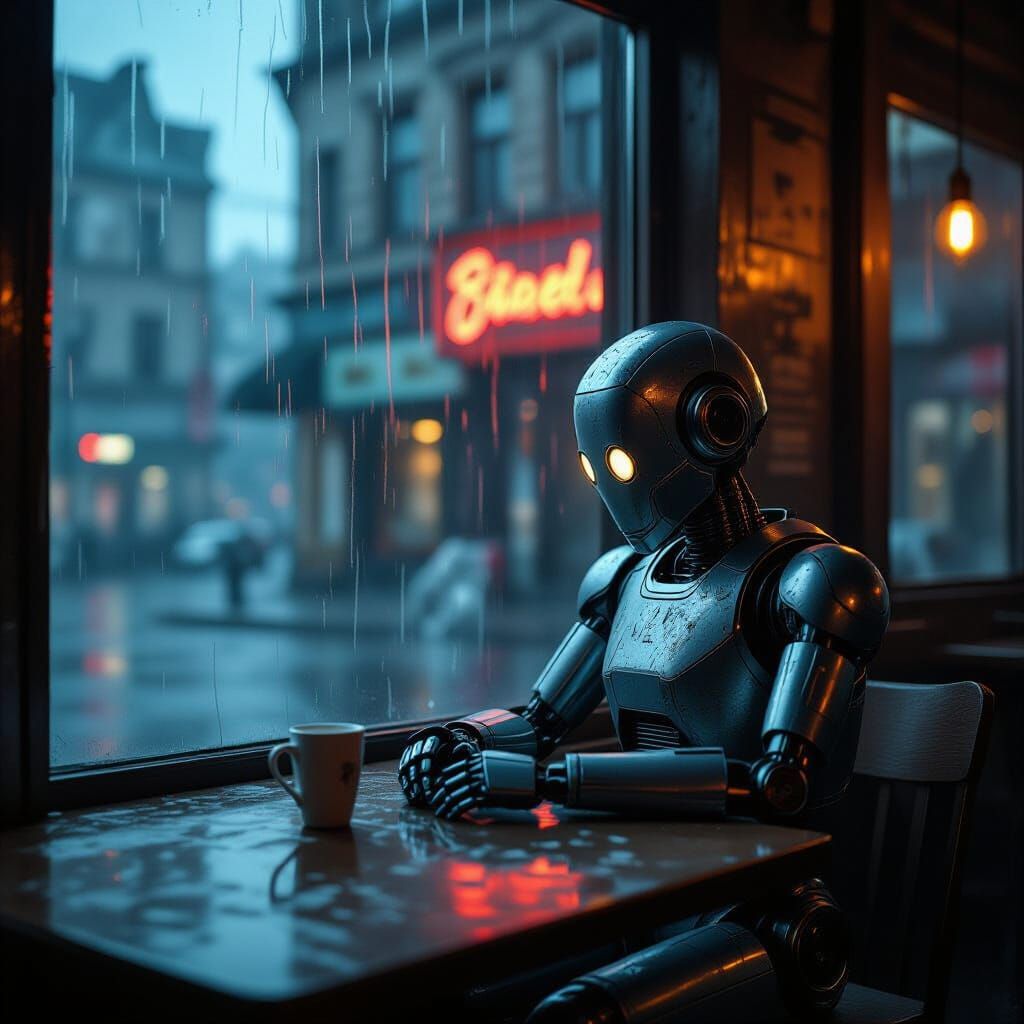 Melancholy Robot in Abandoned Coffee Shop