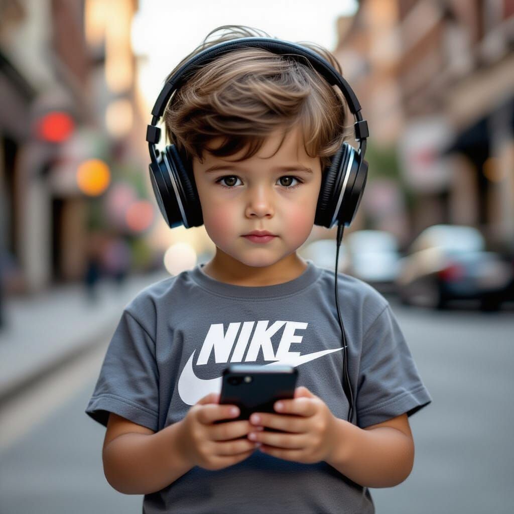 Photorealistic 3-Year-Old Boy with iPhone and Headphones