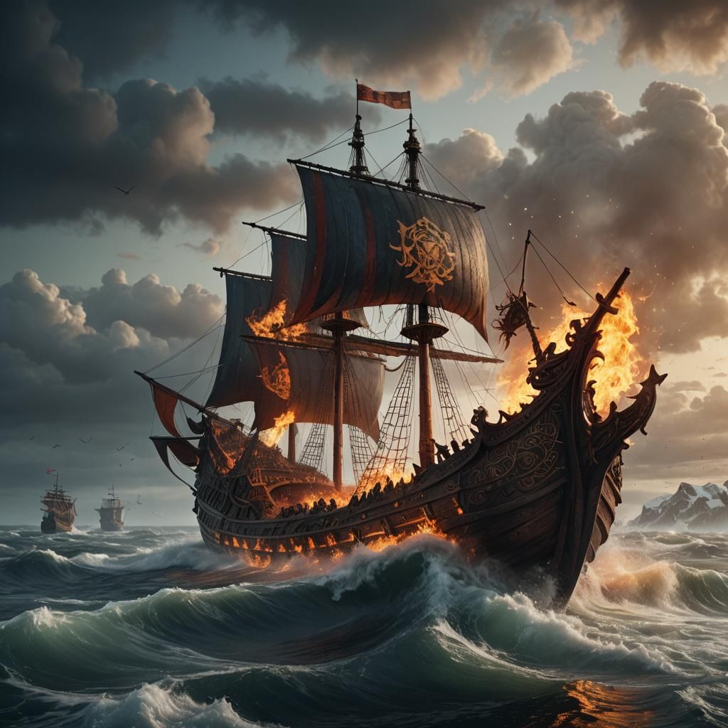 Burning Viking Ship on North Sea