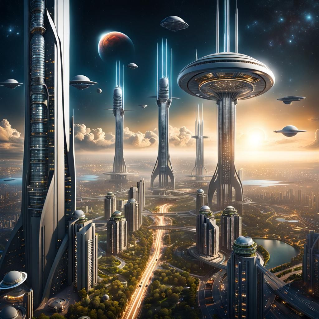 Futuristic Space Elevator in Overpopulated Metropolis