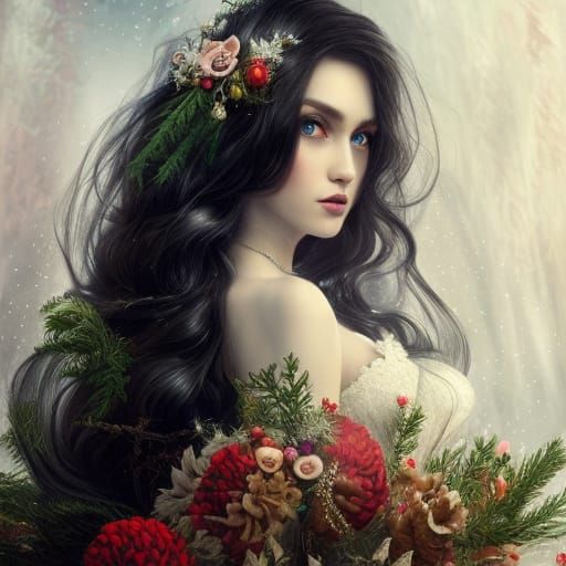 Elegant Christmas Bride Portrait in Hyperrealistic Style