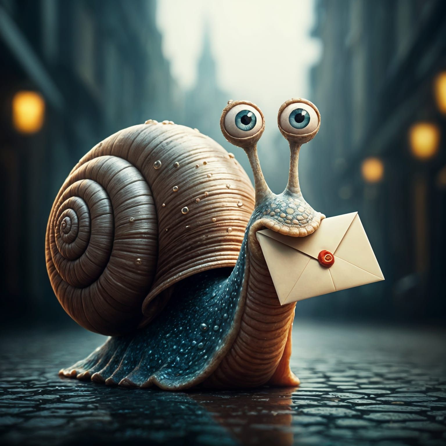 Hyper-Realistic Snail Postman in Natural Setting
