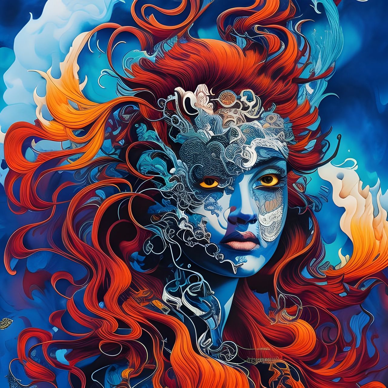 Flaming Haired Portrait in Hyperdetailed Gouache Illustratio...