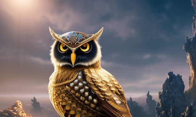 Ornate Steampunk Owl in Bioluminescent Chiaroscuro