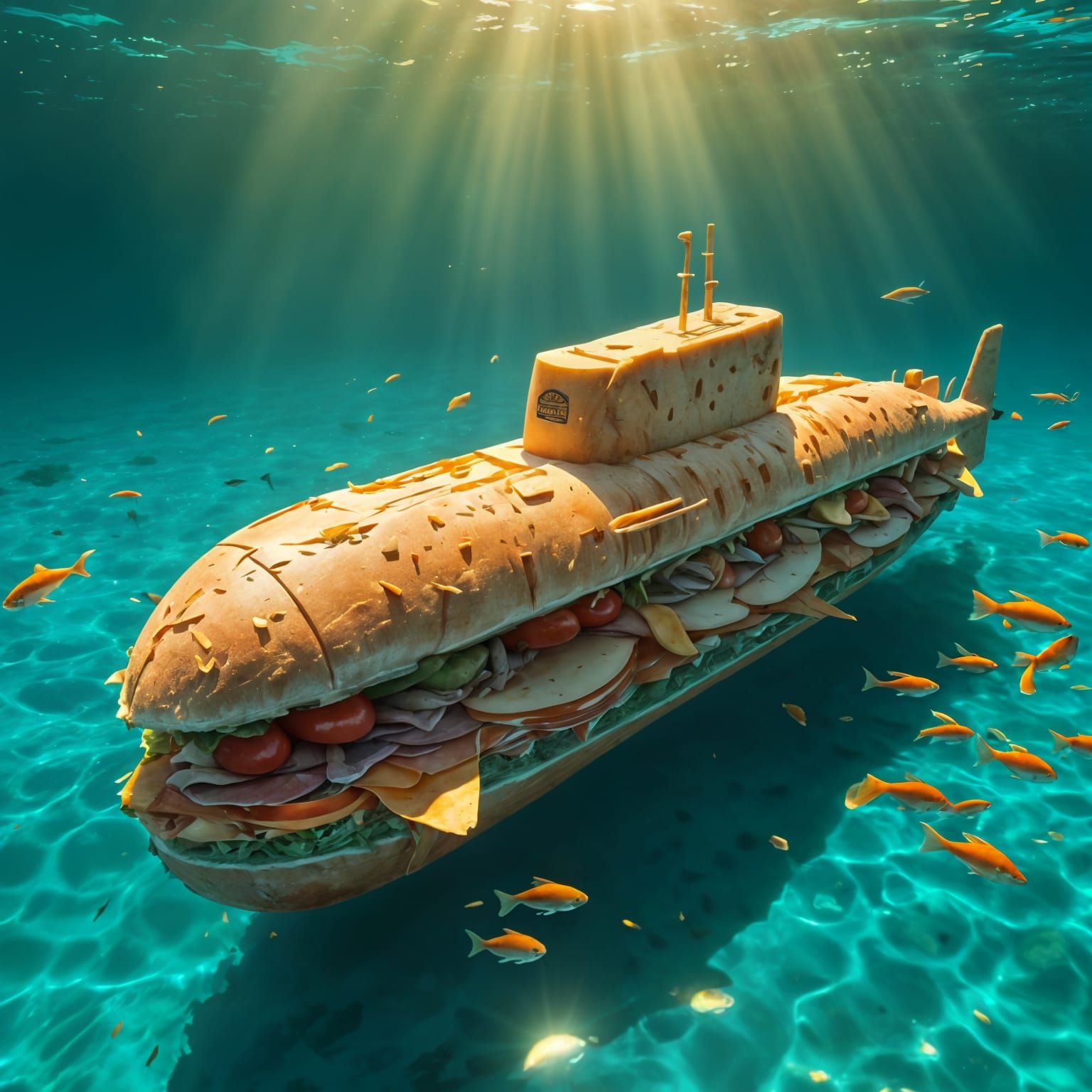Surreal Submarine Sandwich Submerged in Turquoise Ocean