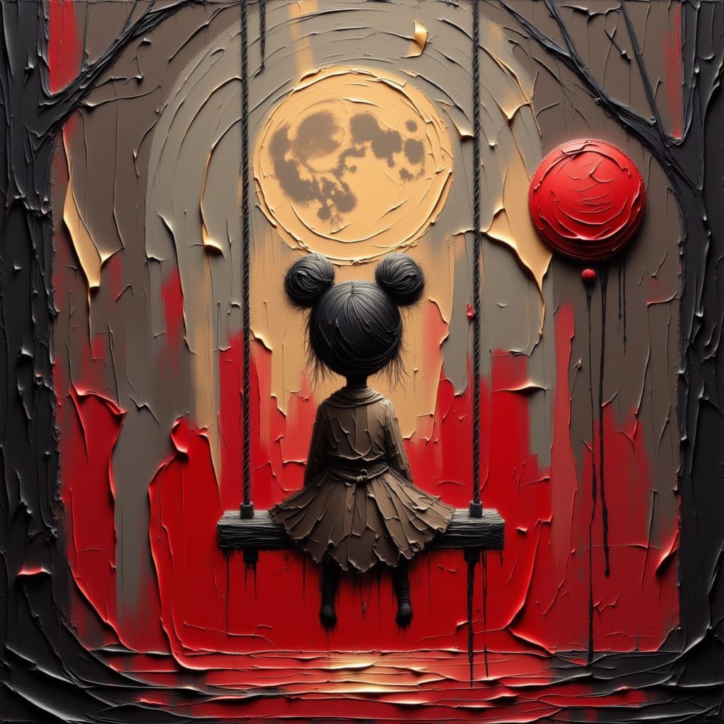 Child on Swing in Crimson Fog, Impasto Style