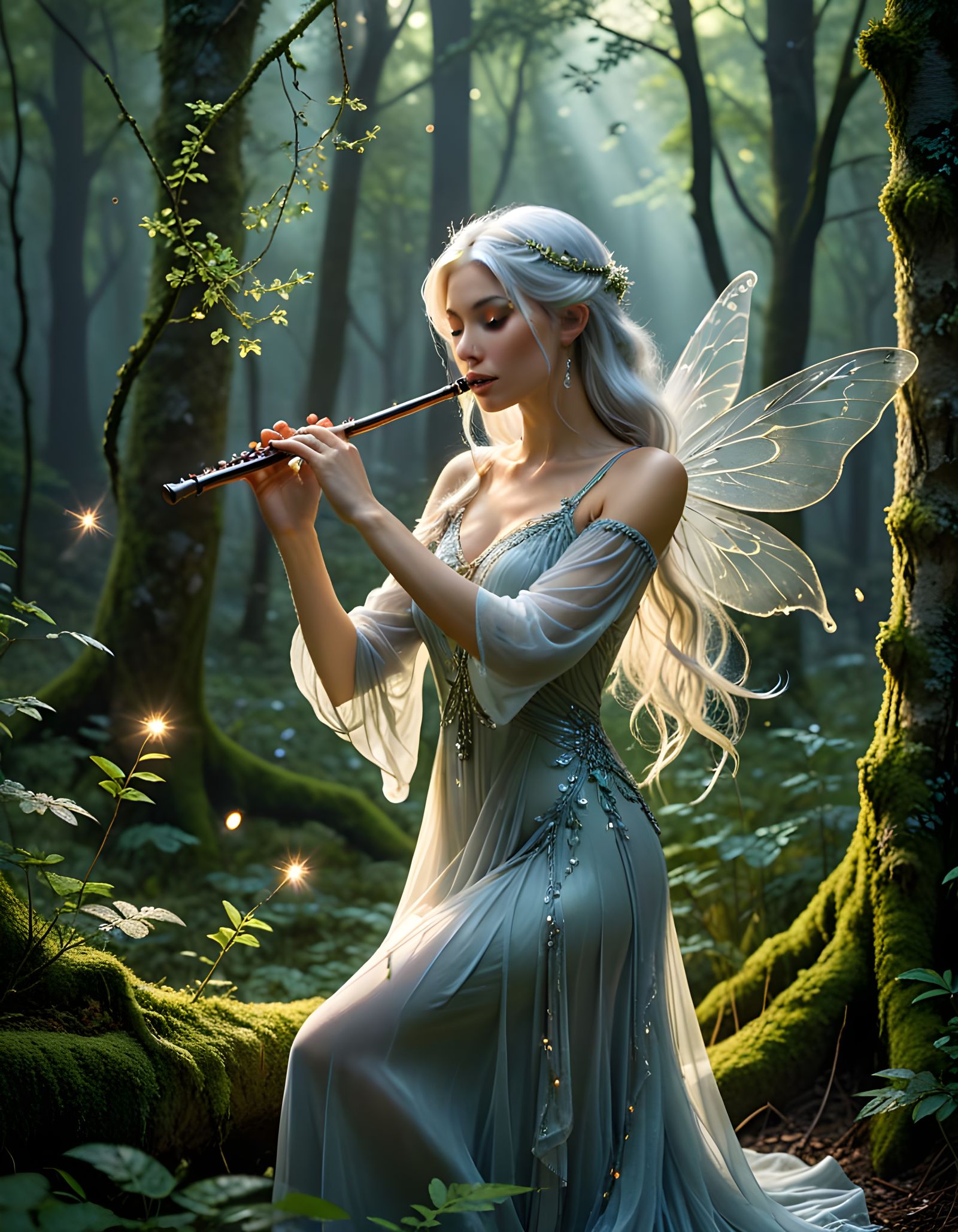 Ethereal Fairy Flute Player in Moonlit Forest