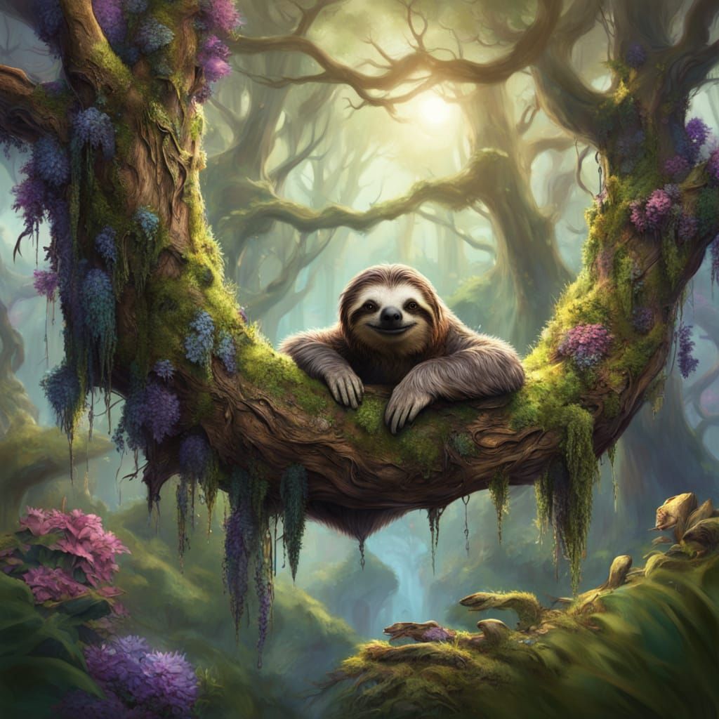 Sloth Portrait in Fantastical Forest Clearing
