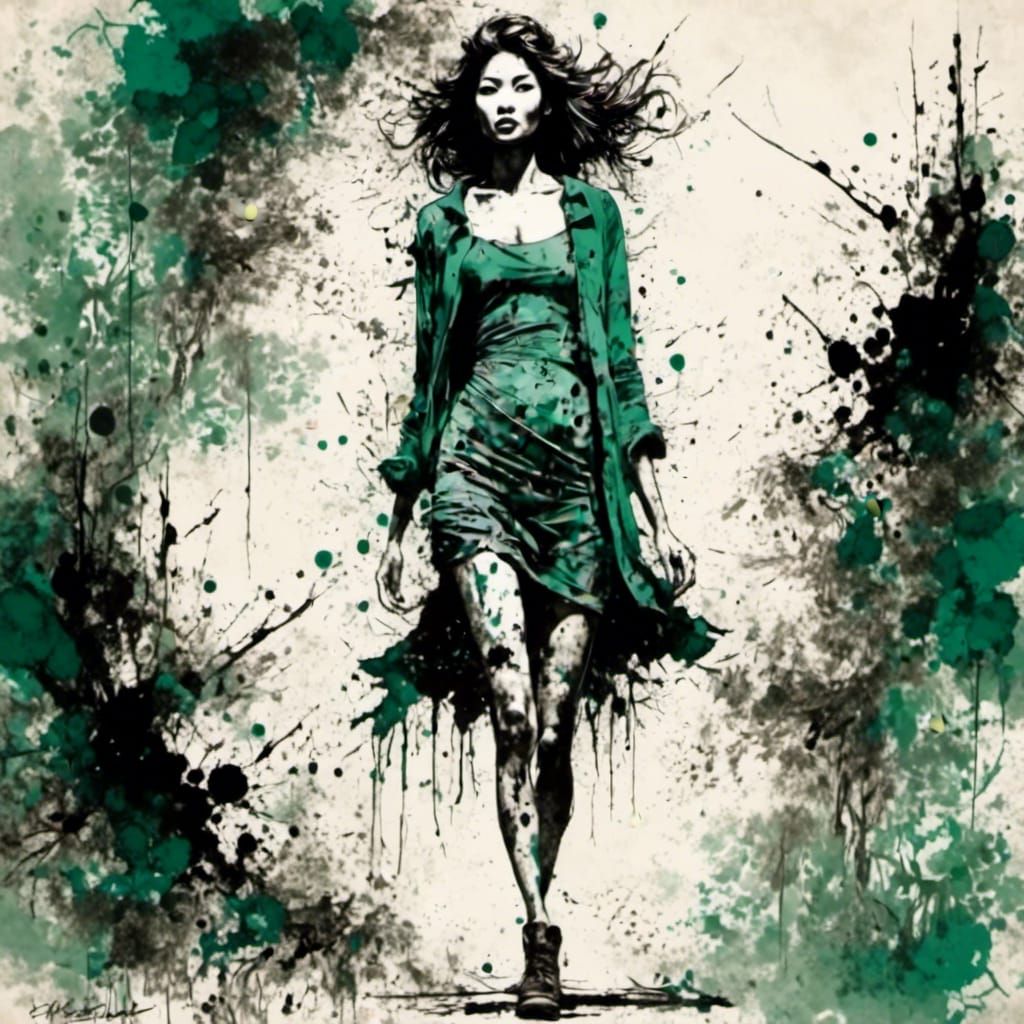 Bikini Figure with Dark Green Ink Splatters