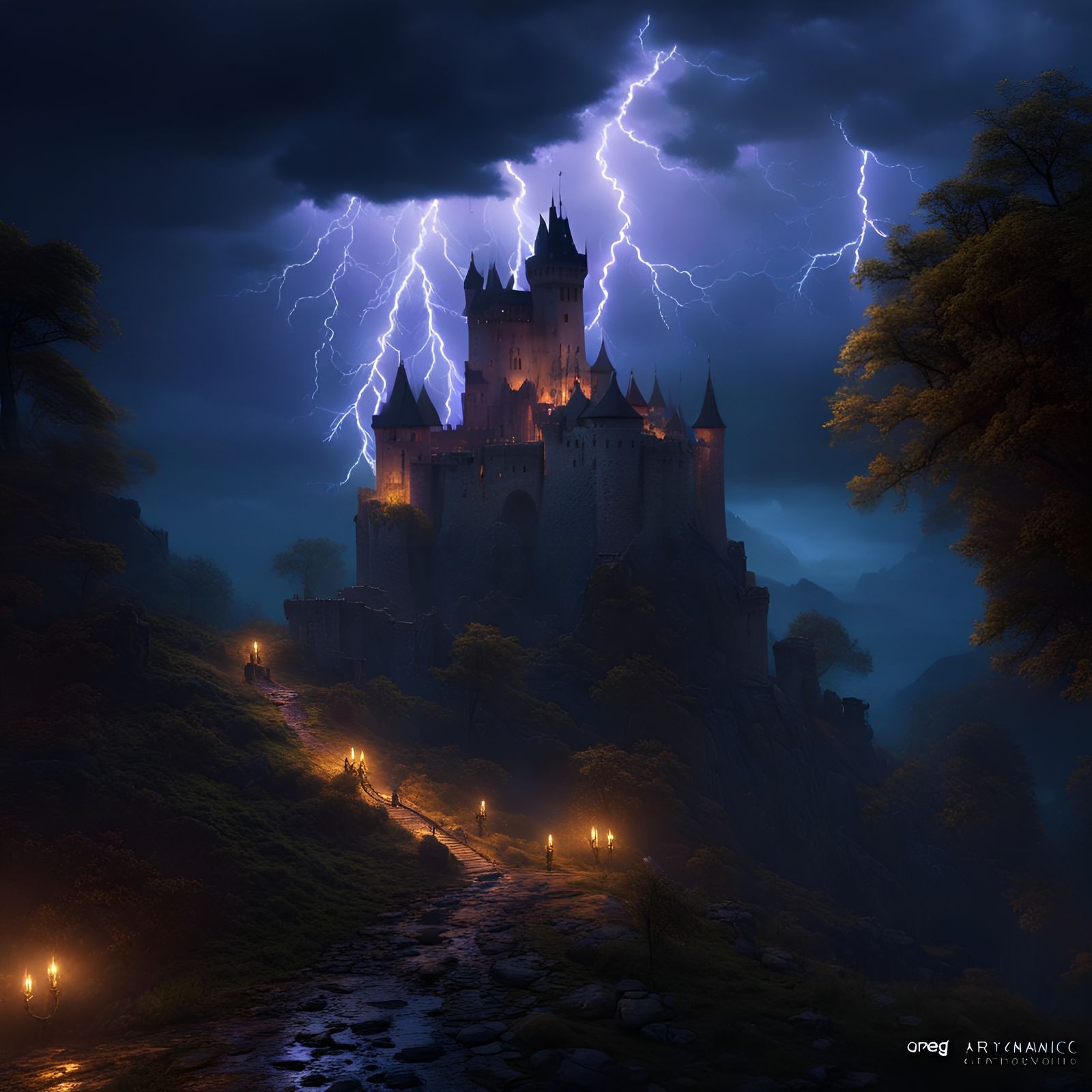 Dracula's Castle in Lightning Storm: Dark Fantasy Art