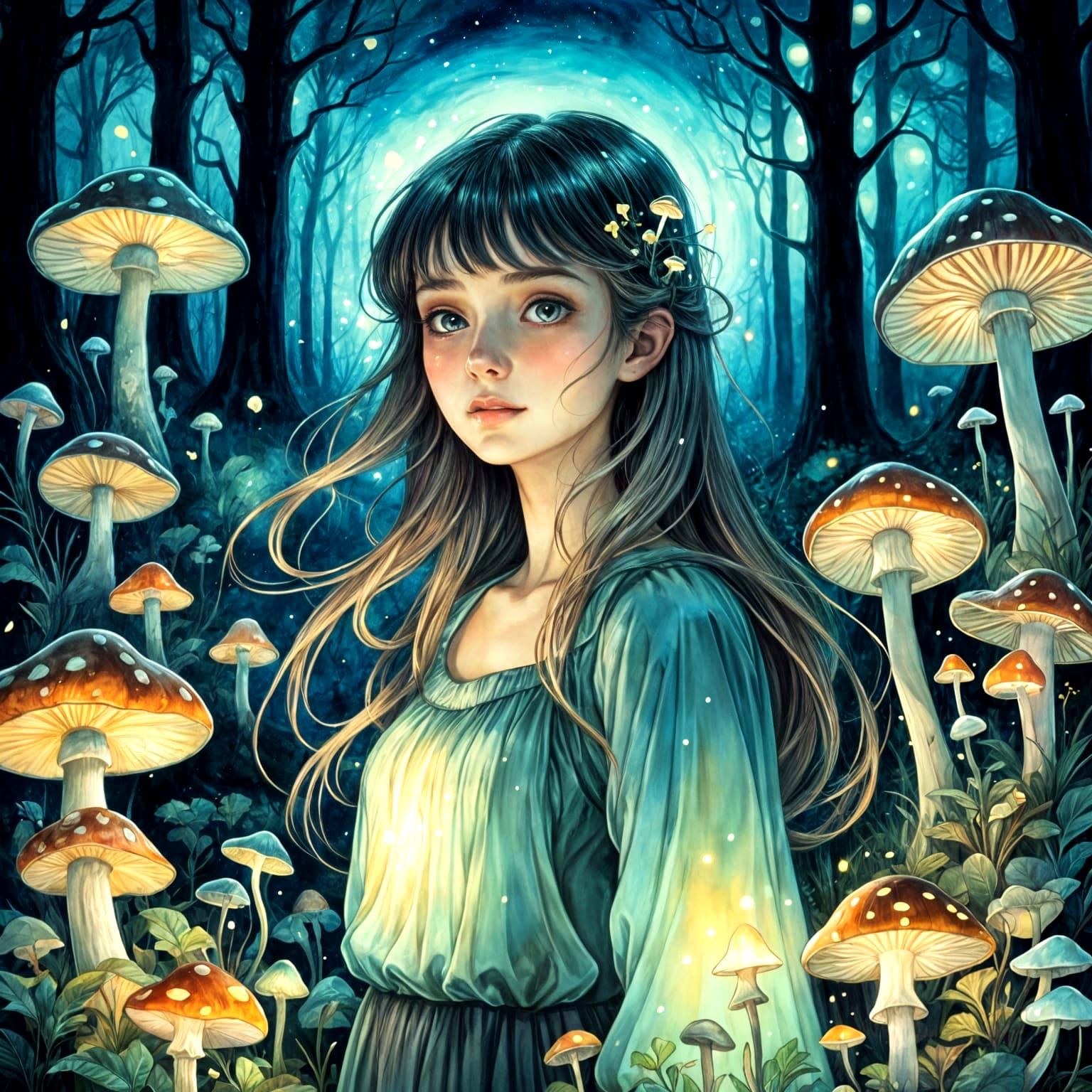 Ethereal Mushroom Goddess in Bioluminescent Forest