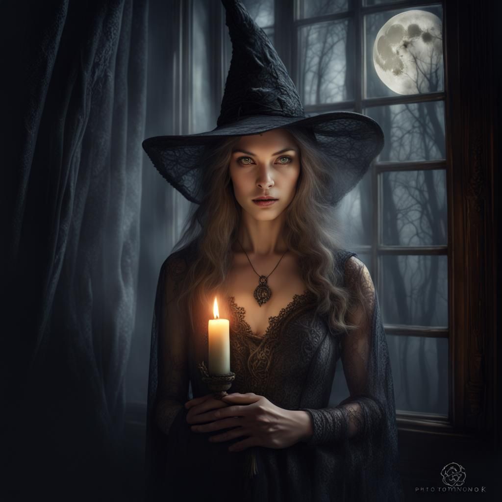 Mysterious Witch Portrait in Candlelit Fog