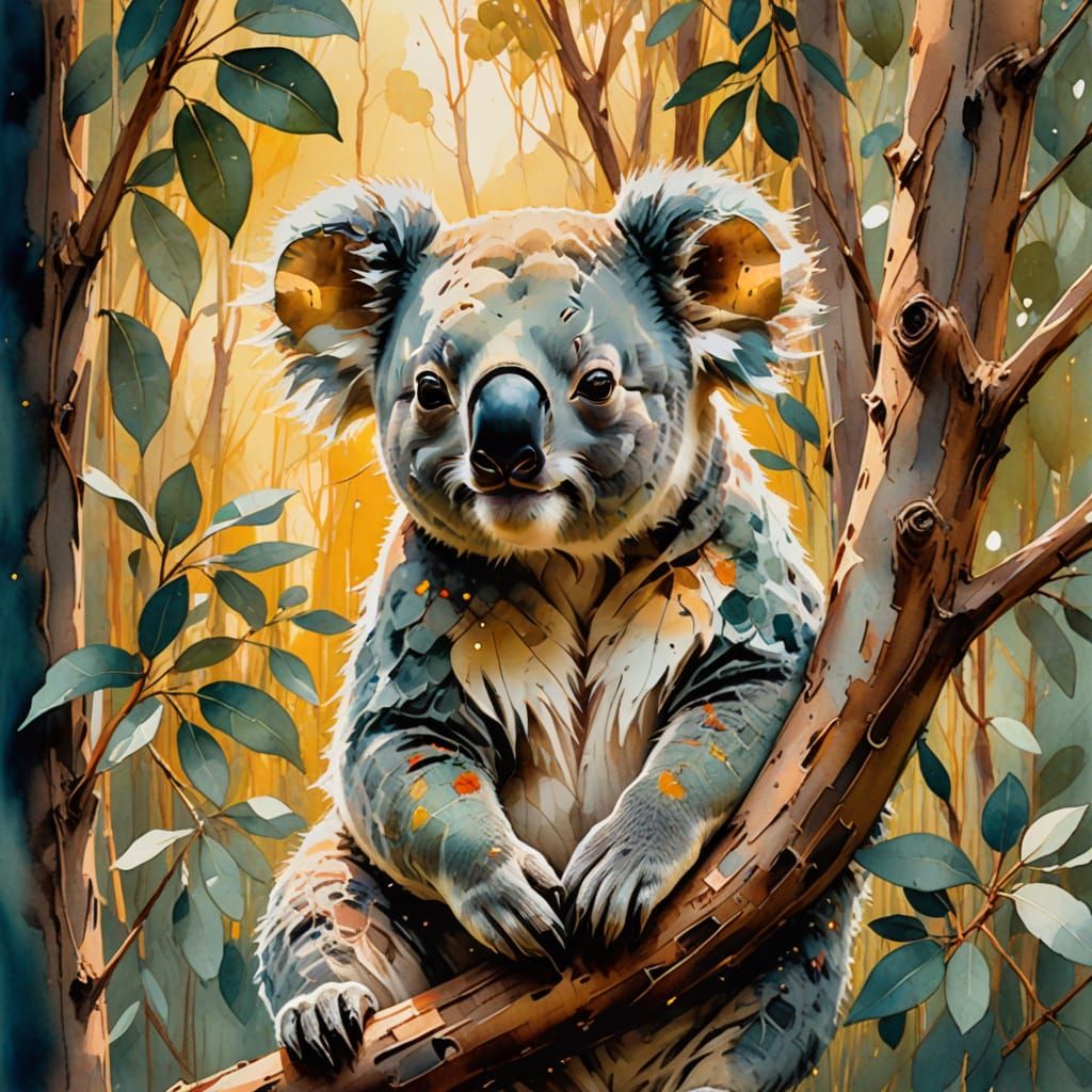 Koala in Eucalyptus Grove: Watercolour and Digital Art
