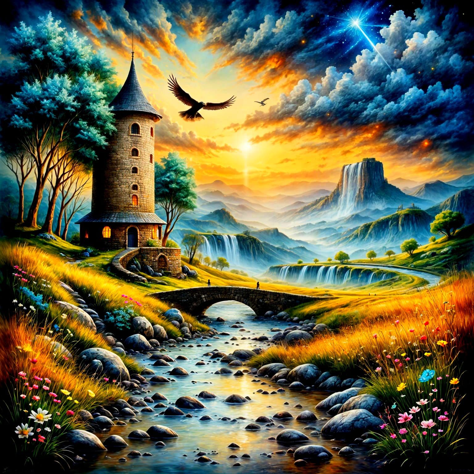 Fantasy Landscape Painting: River, Bridge, and Eagle