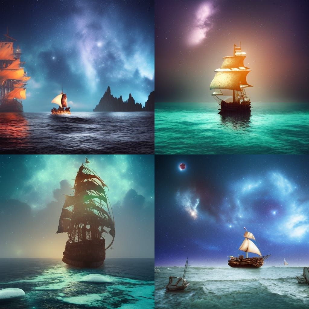 French Bulldog Pirate Ship on Mystical Galaxy Sea