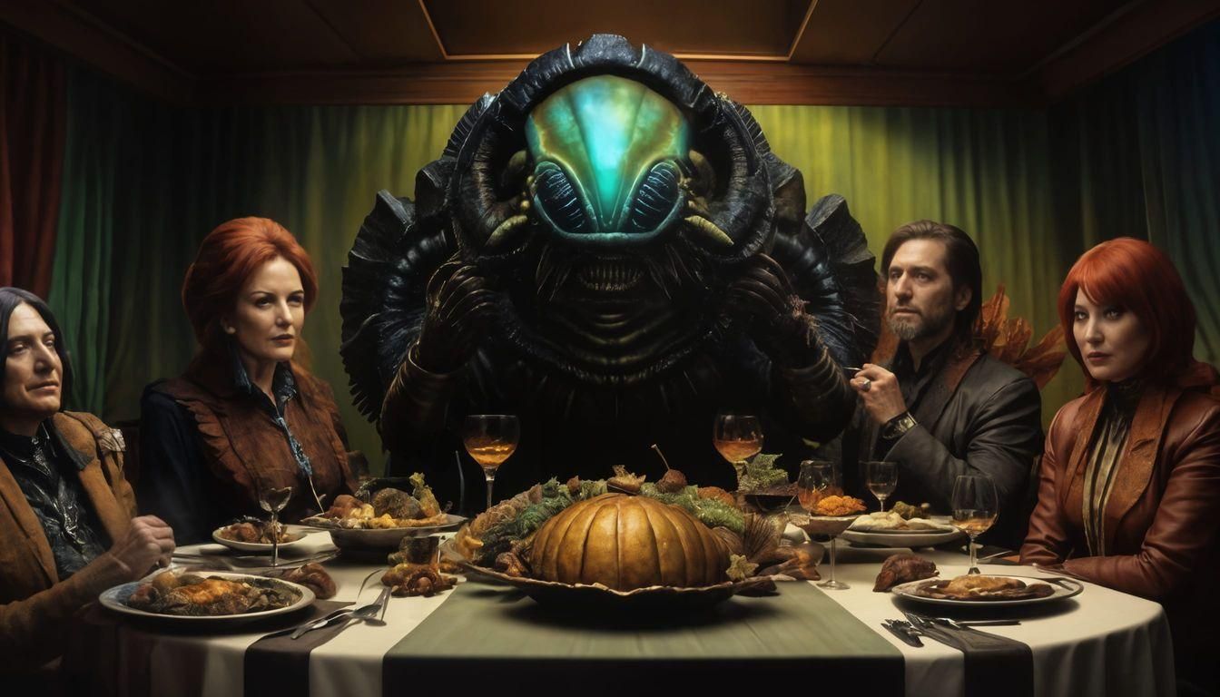 Alien Thanksgiving Diner with Roasted Ewok in Retrowave Styl...