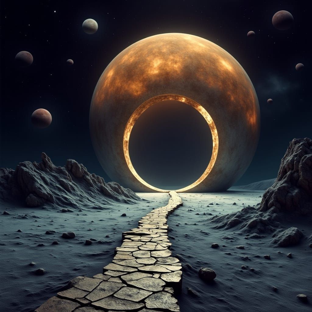 Ethereal Gateway on a Barren Moonlit Landscape