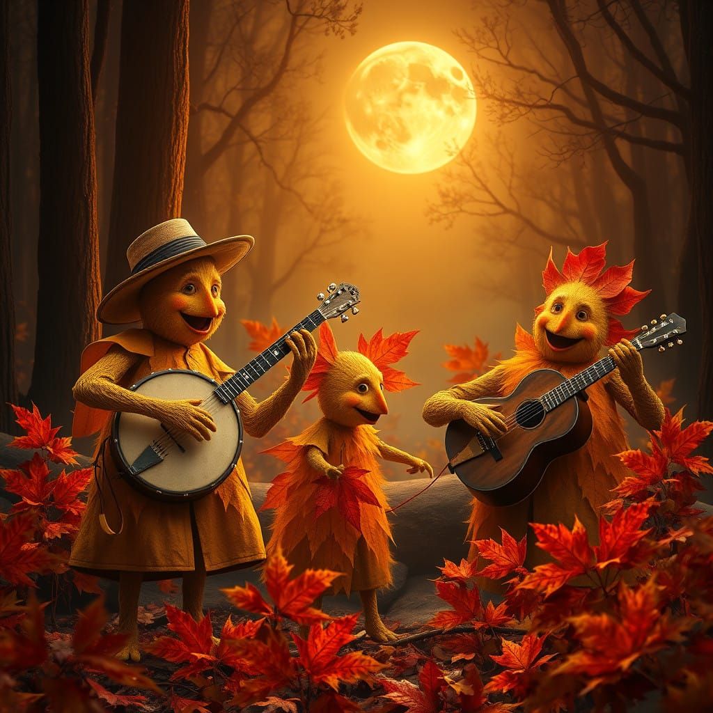Whimsical Autumn Leaves Bluegrass Band in Rustic Forest Harm...
