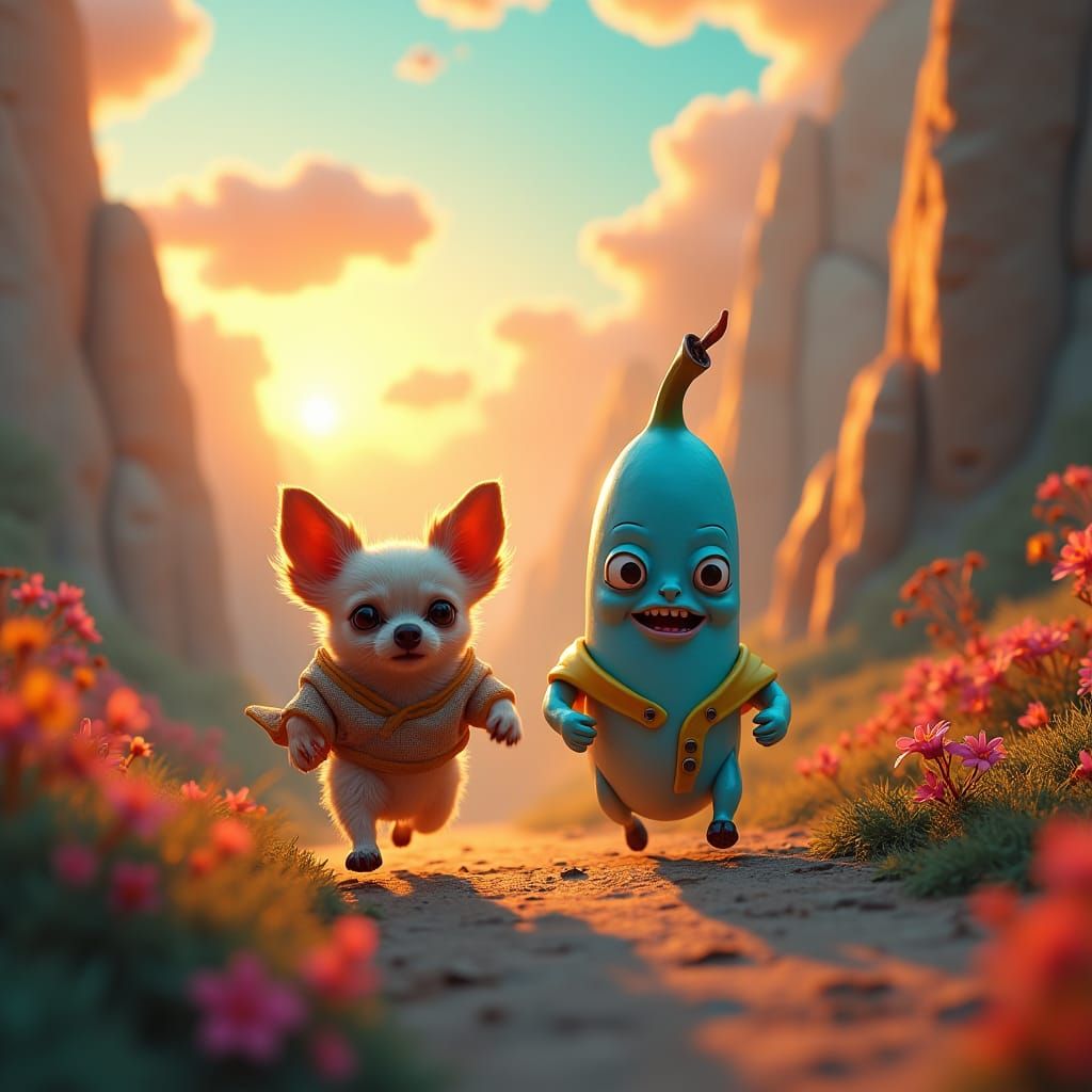 Chihuahua's Surreal Chase in Dreamlike Landscape