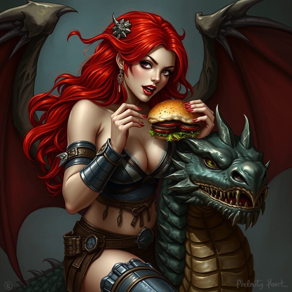 Redhead Warrior Eats Hamburger on Dragon