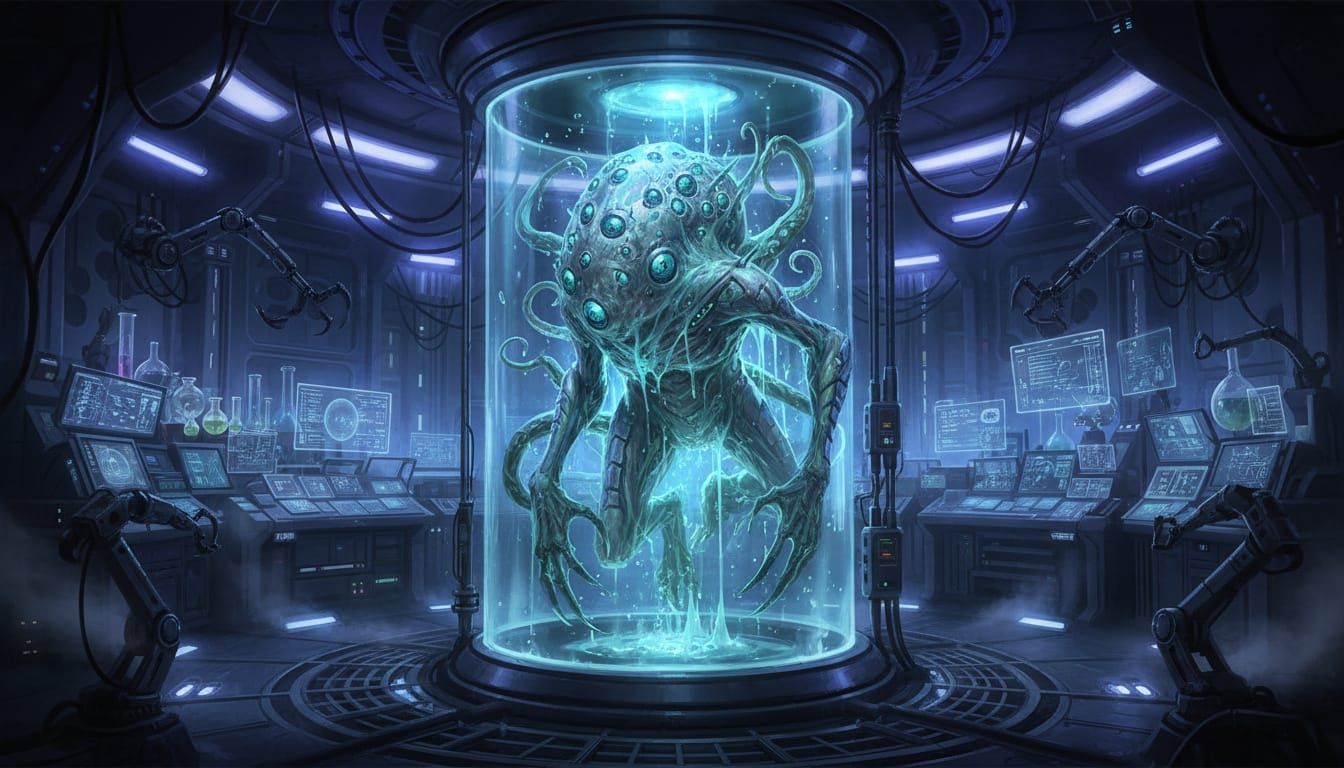 Bioluminescent Monster in Futuristic Lab