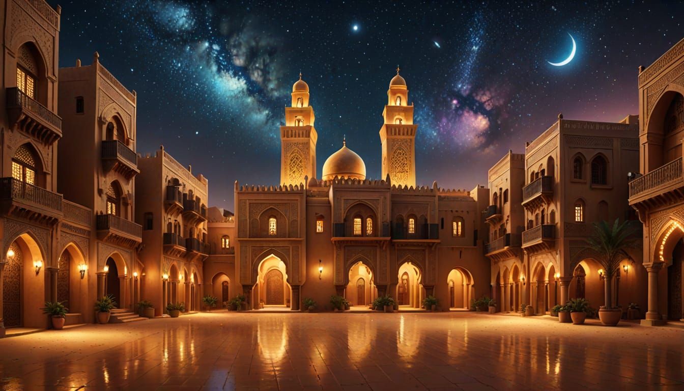 Majestic Golden Sand Moroccan Town Under Starry Night Sky
