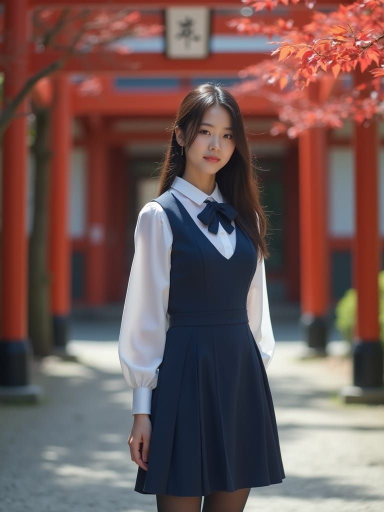 Autumn Shrine Portrait of Kaori in Jumper Dress