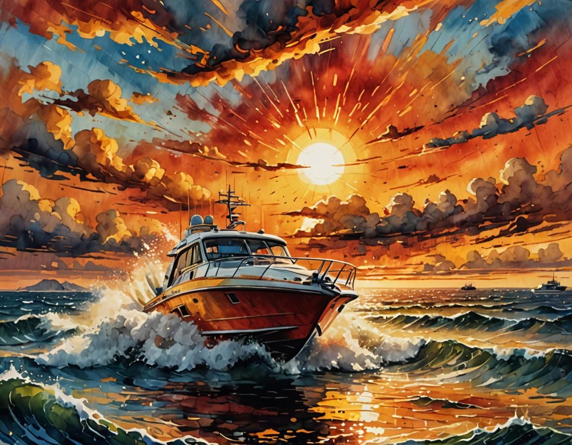 Modern Speedboat on Heavy Seas at Sunset