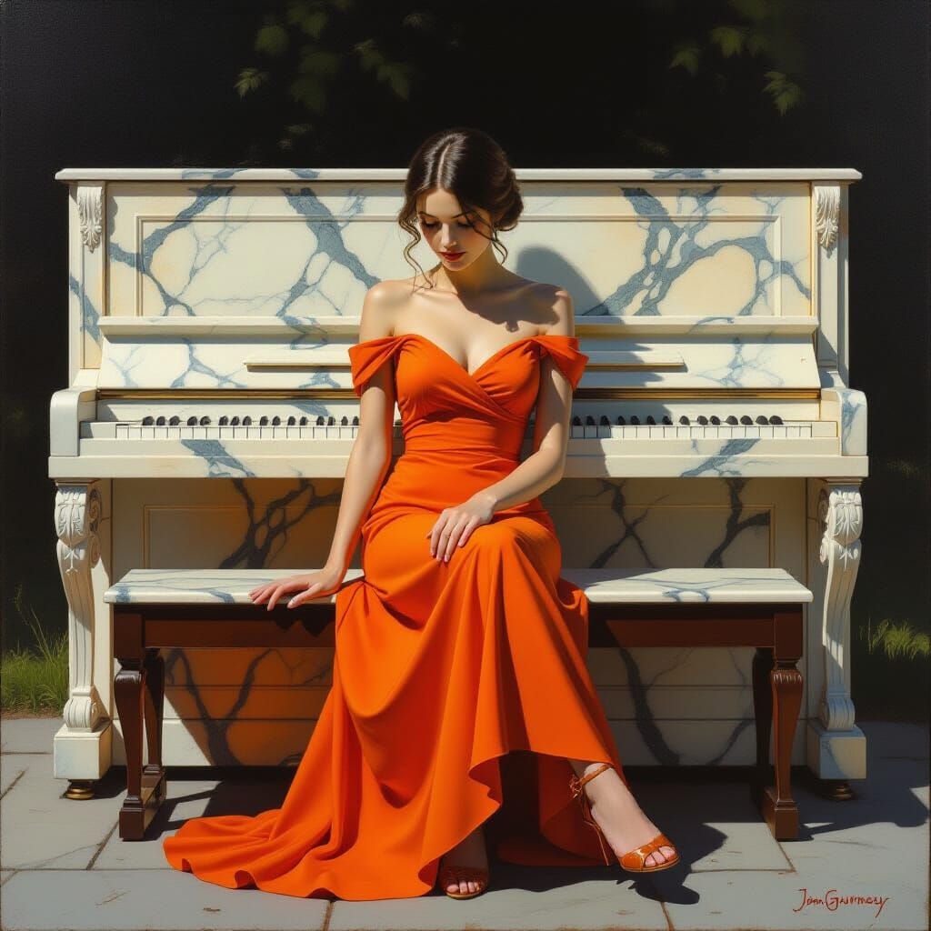 Melancholy Woman in Orange Dress on Park Bench