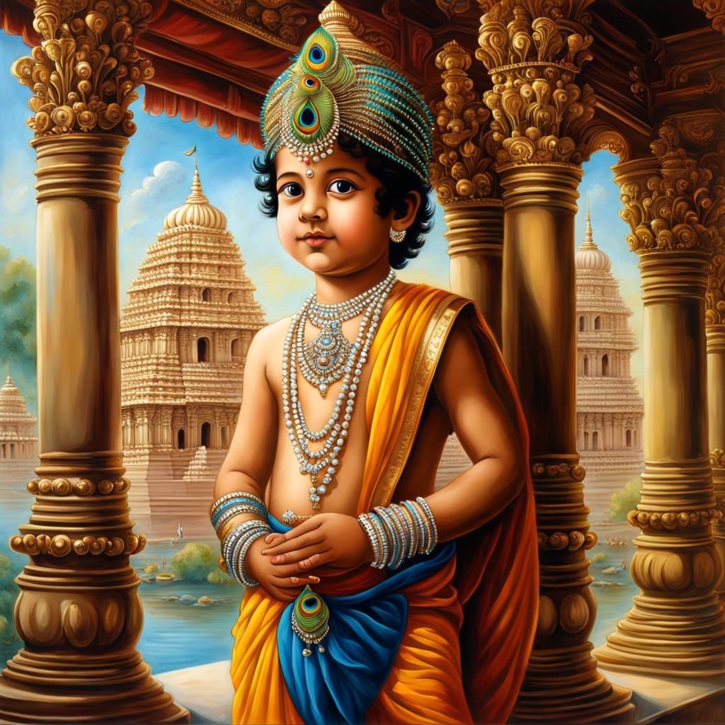 Young Krishna Entering a Grand Temple: Hyperrealistic Art