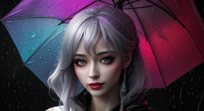 Dreamlike Girl in Rain with Dissolving Umbrella
