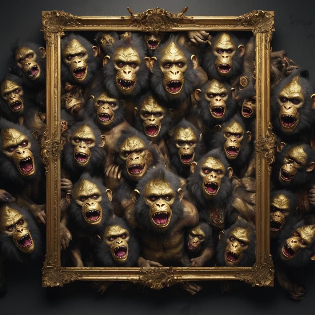 Zombie Monkey Monster Clown Collage in Gold Frame