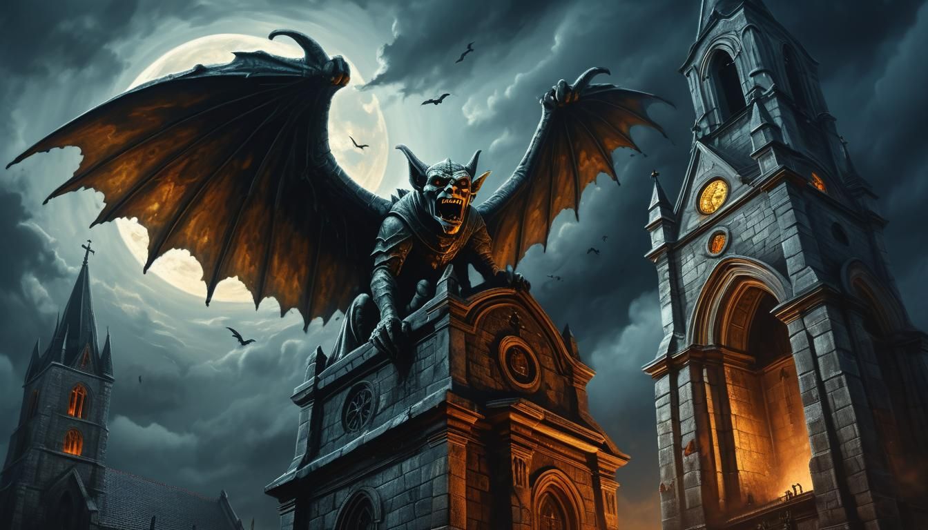 Gargoyle Strikes Church Bell in Dreamlike Twilight