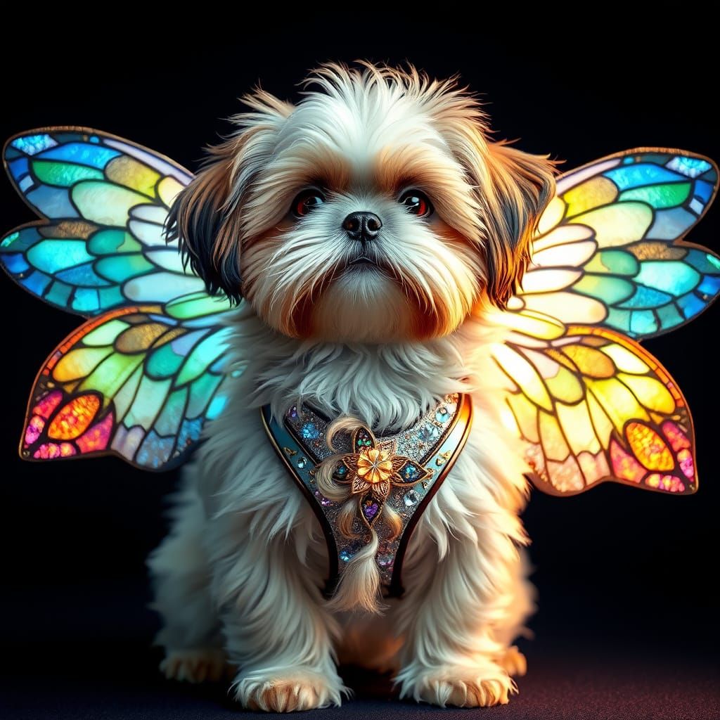 Ethereal Shih Tzu Puppy with Iridescent Stained-Glass Wings