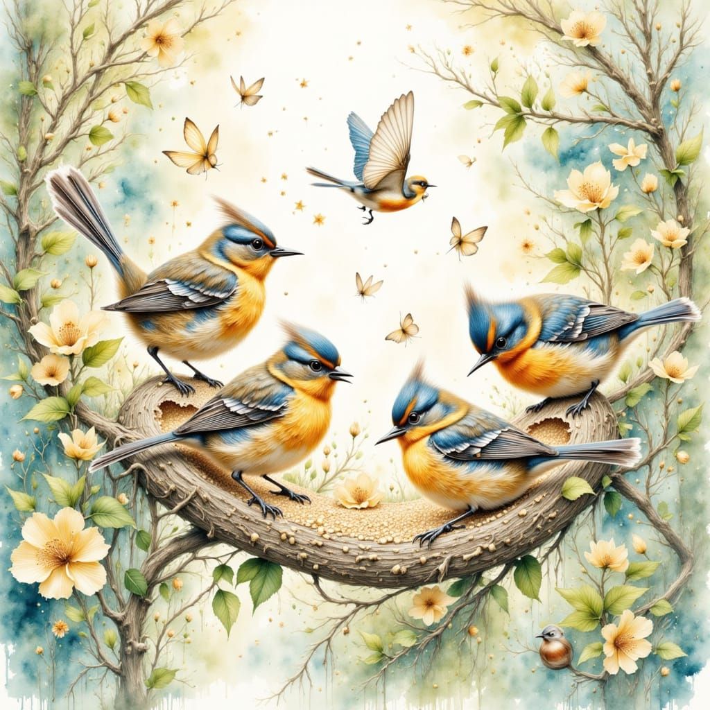 Songbirds at Bird Feeder in Soft Watercolor Style