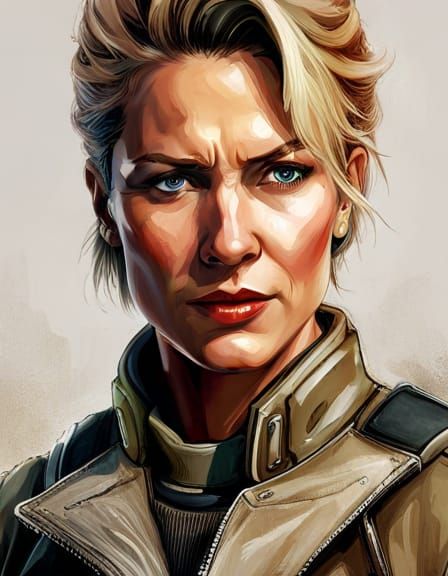 Detailed Portrait of Smiling Blonde Woman in Camo Jacket