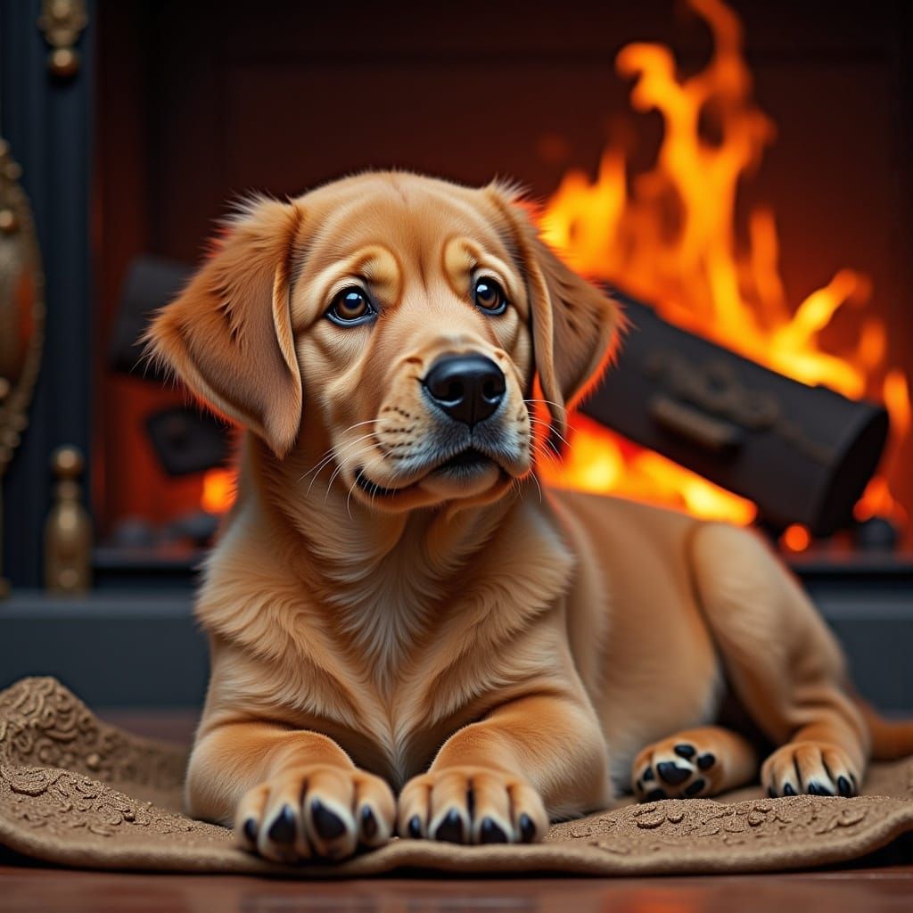 Puppy Relaxing by Fireplace on Mat