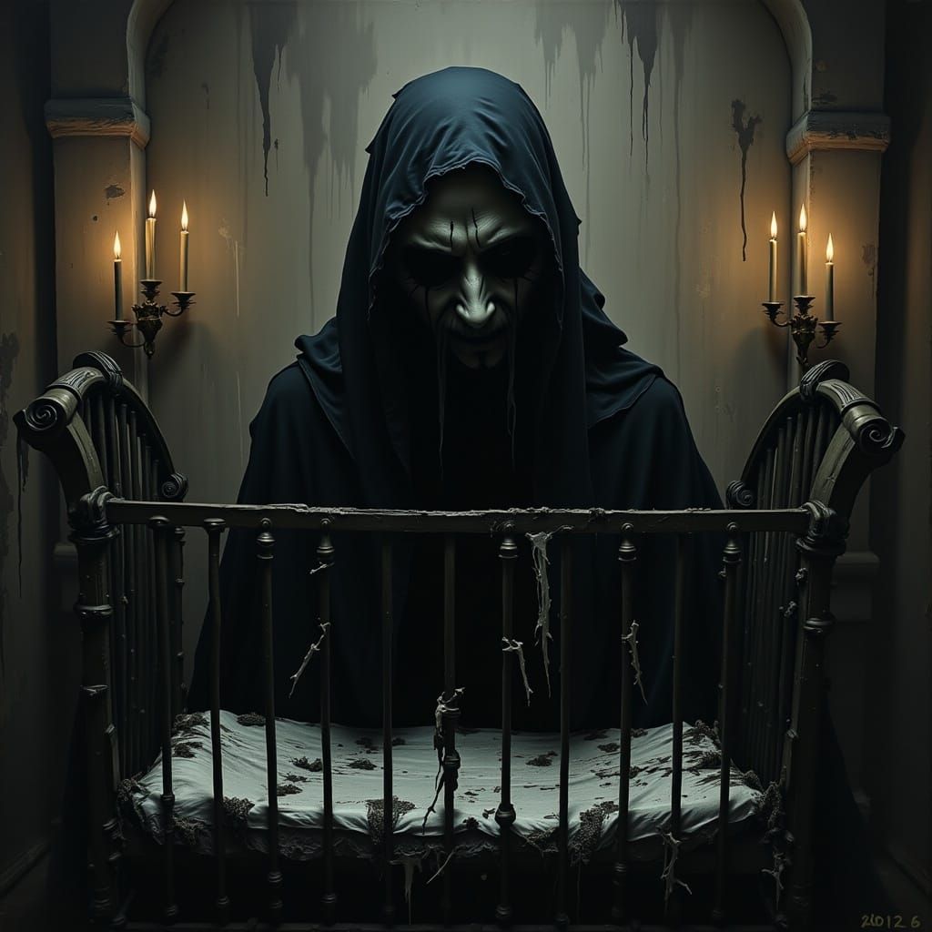 Solemn Male Figure in Dark Gothic Attire Stands Before Empty...