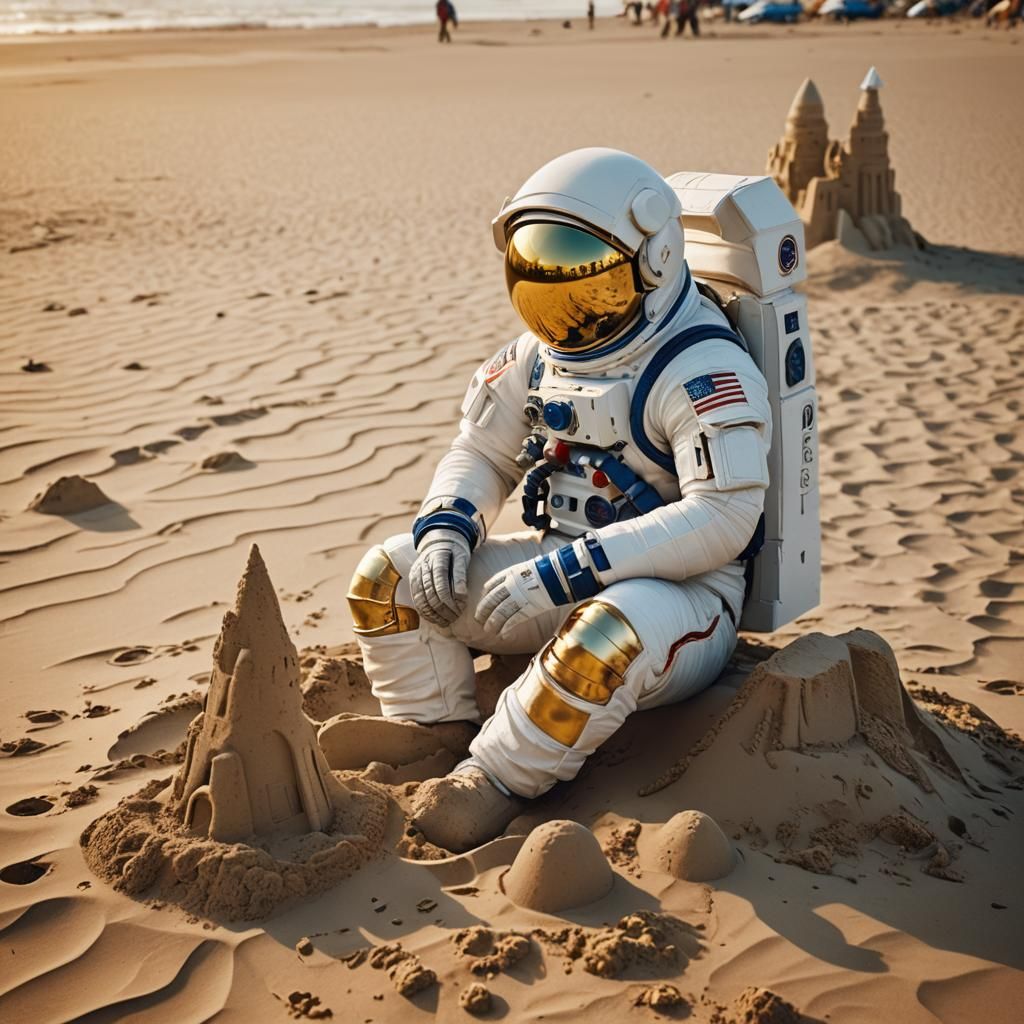 A photo of an astronaut in a full spacesuit sitting on a san...