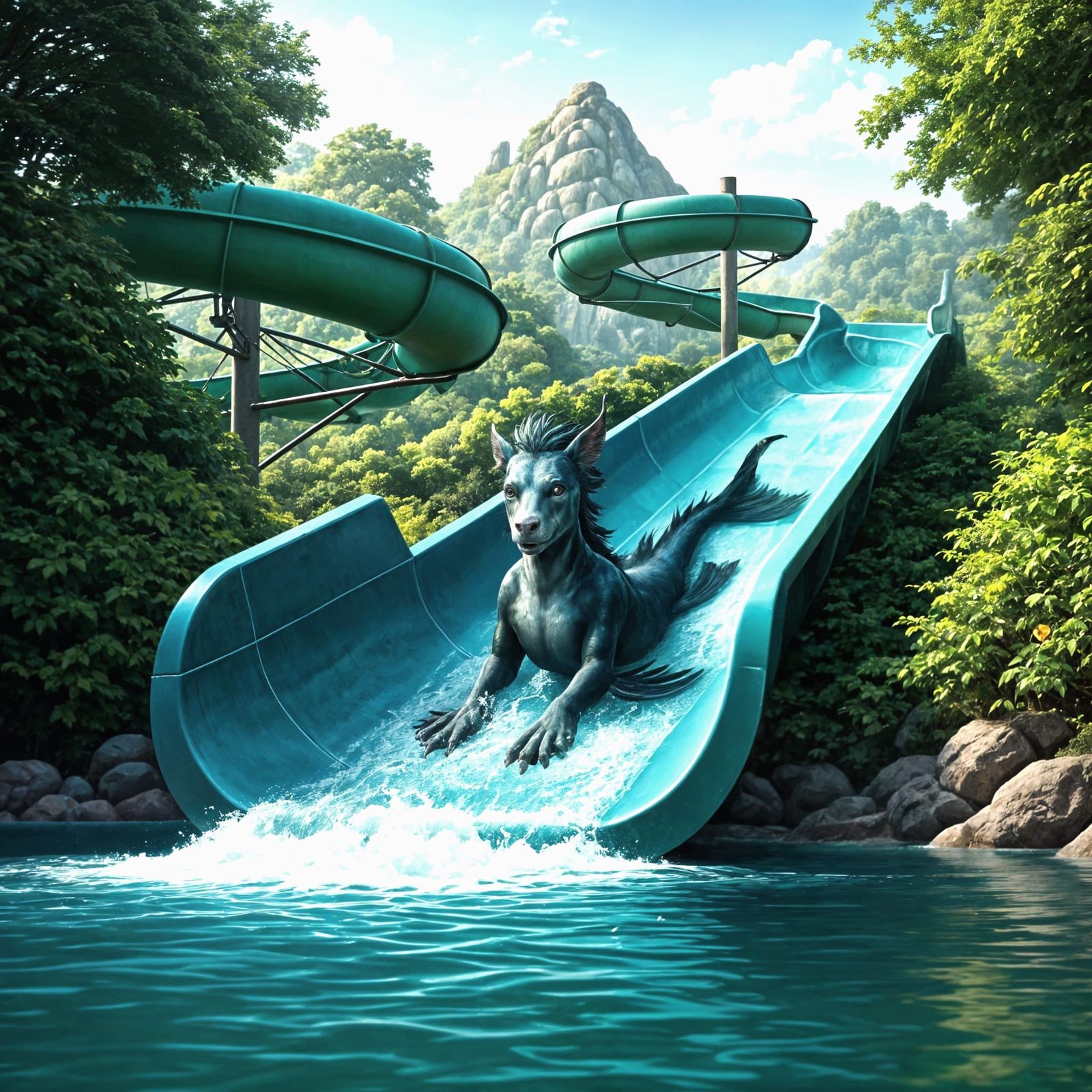 Enchanted Kelpie Rides Water Slide in Hyperrealist Style