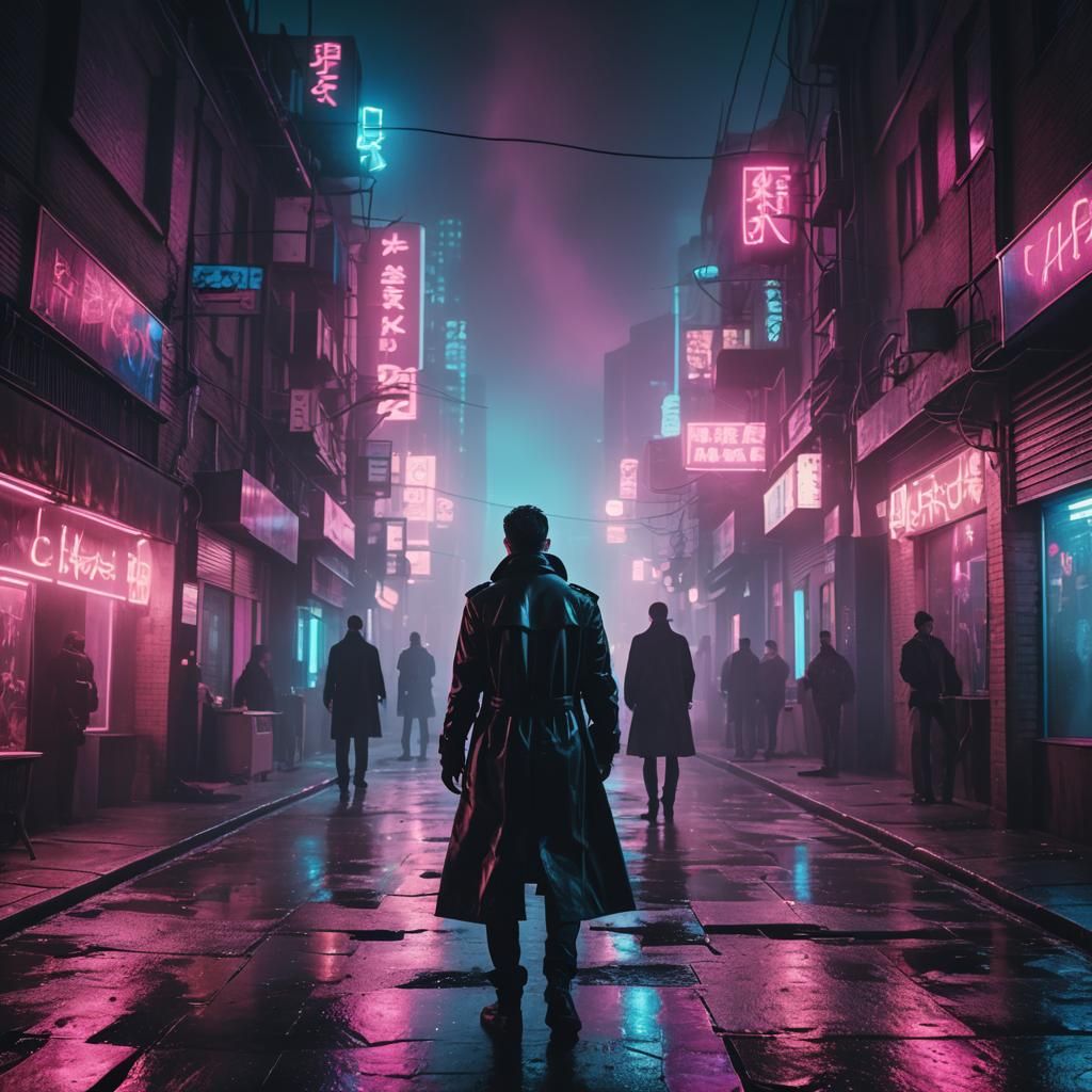 Cyberpunk Espionage Scene in Neon-Lit Alleyway