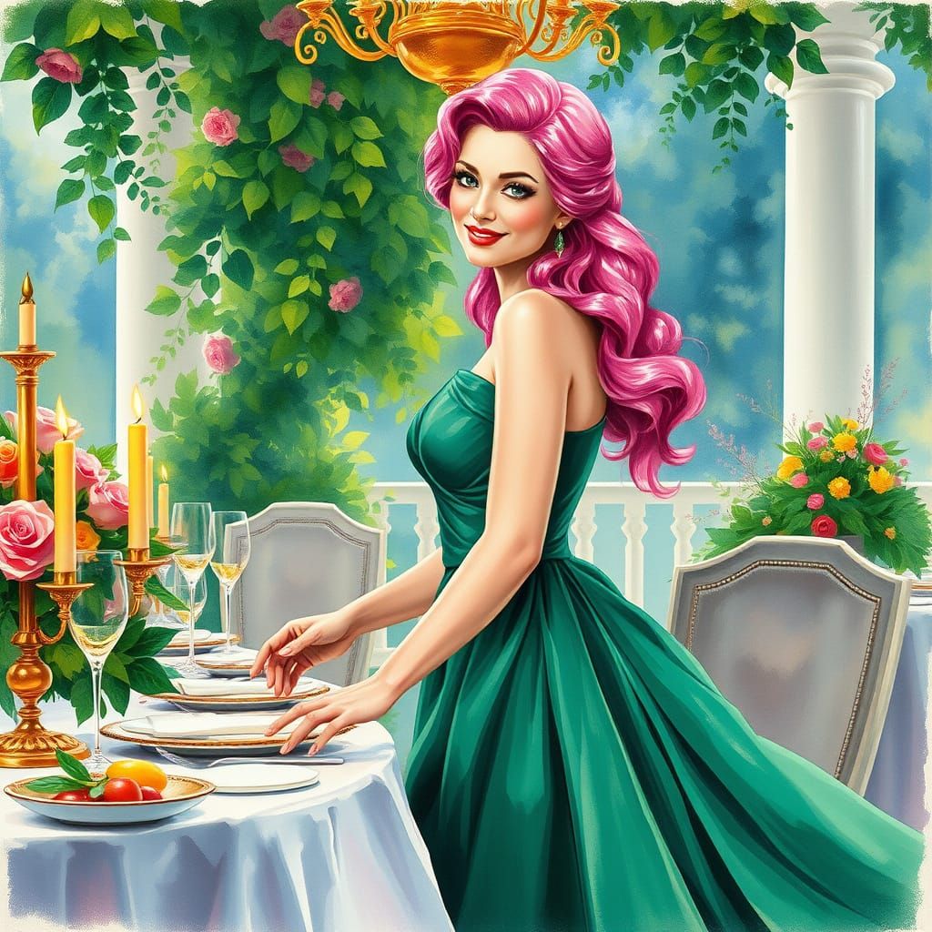 Watercolor Woman Prepares Lavish Banquet
